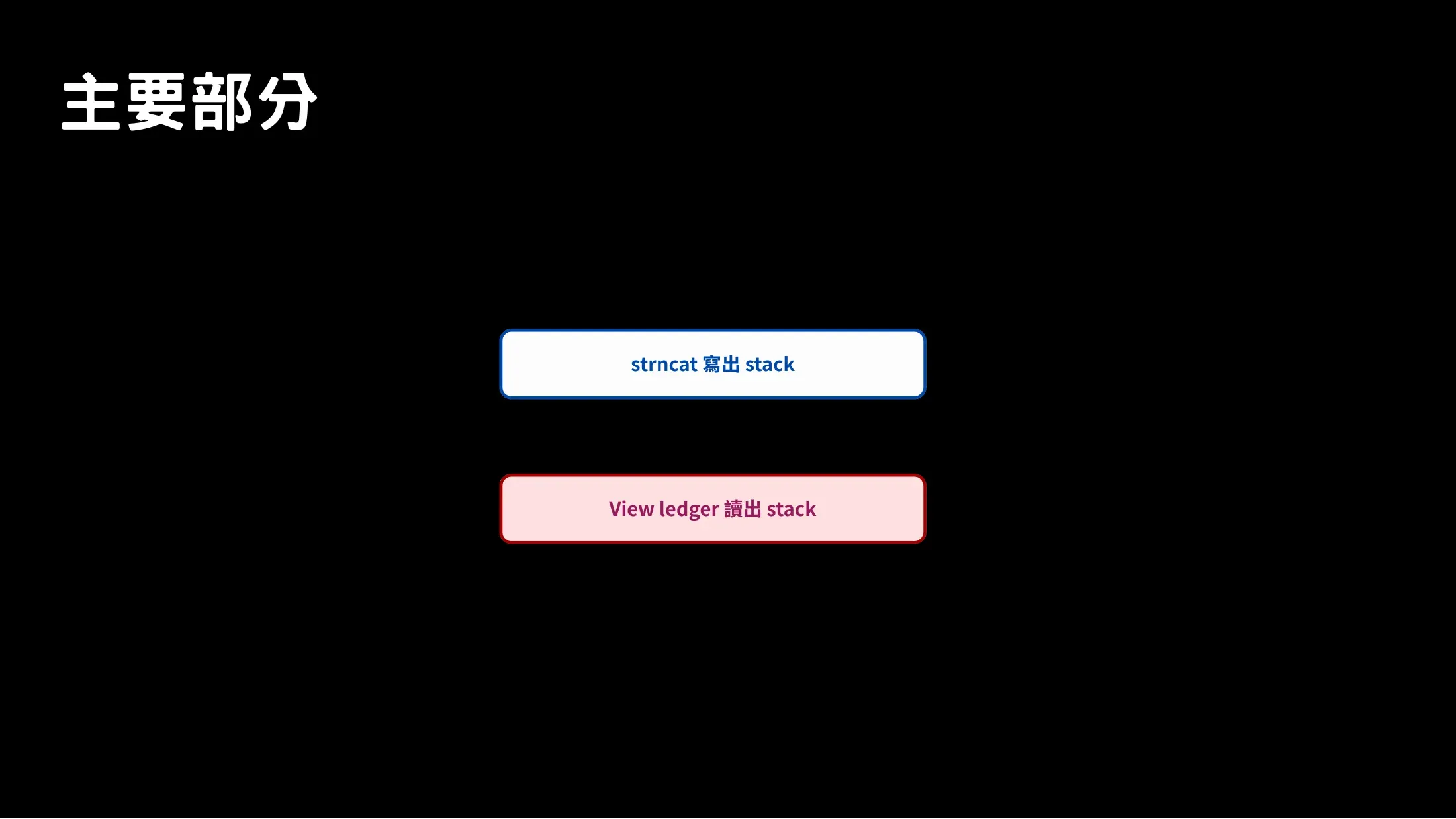 Slide showing the two main primitives: strncat hitting the stack and View ledger leaking stack data.