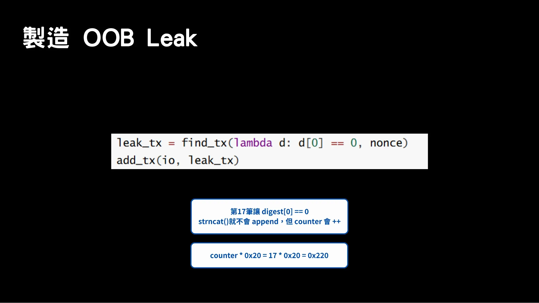 Slide showing the OOB leak transaction where the digest starts with zero and counter becomes 17.