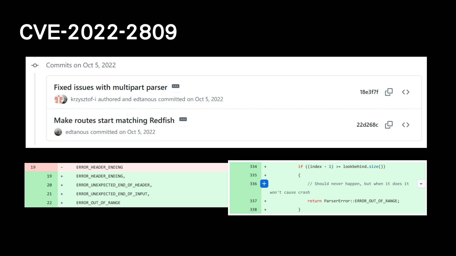 Slide showing the bmcweb multipart parser fix commit and added parser error handling for malformed headers and out-of-range conditions.