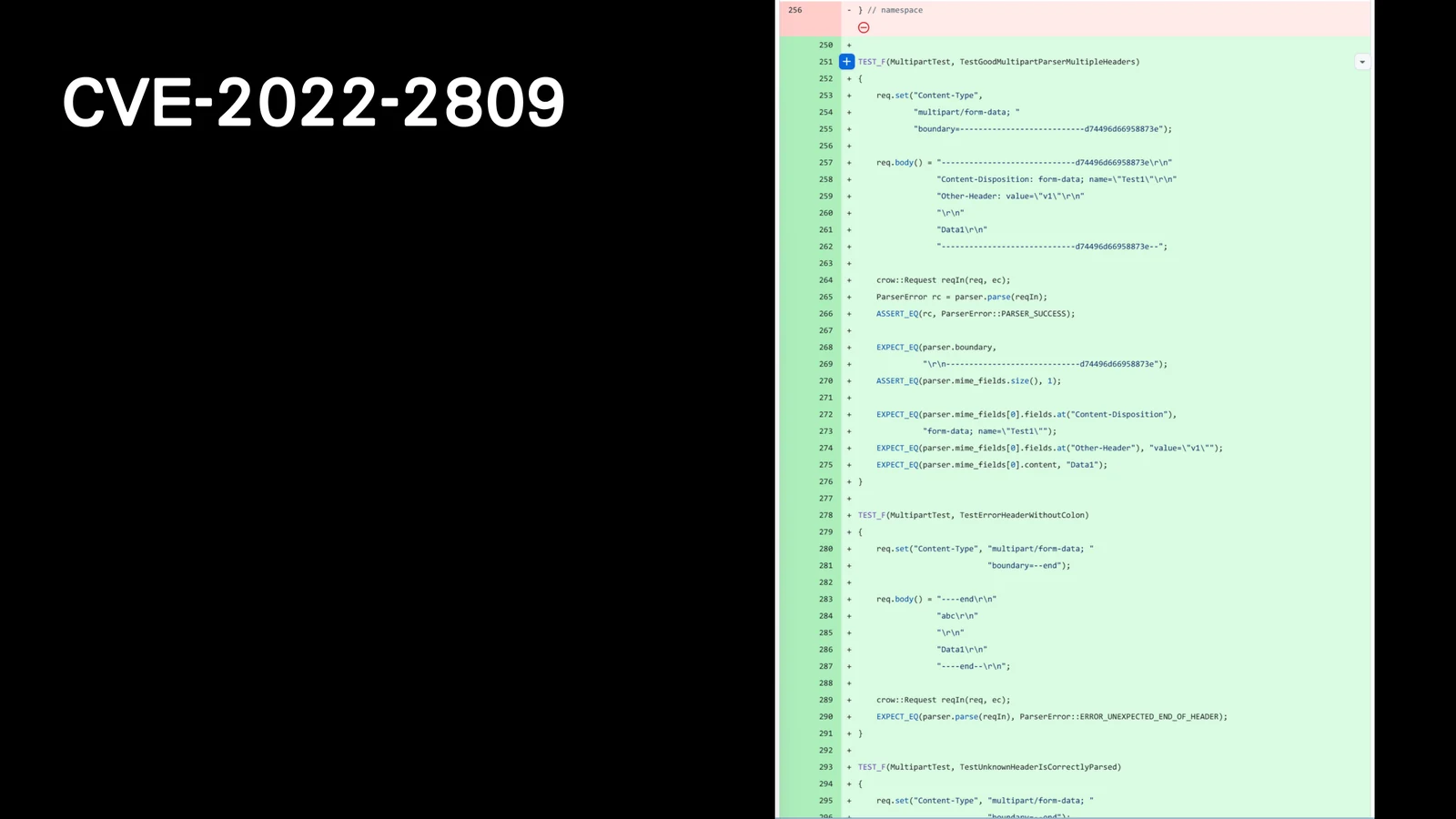 Slide showing added bmcweb multipart parser tests for multiple headers, headers without colons, and malformed boundaries.