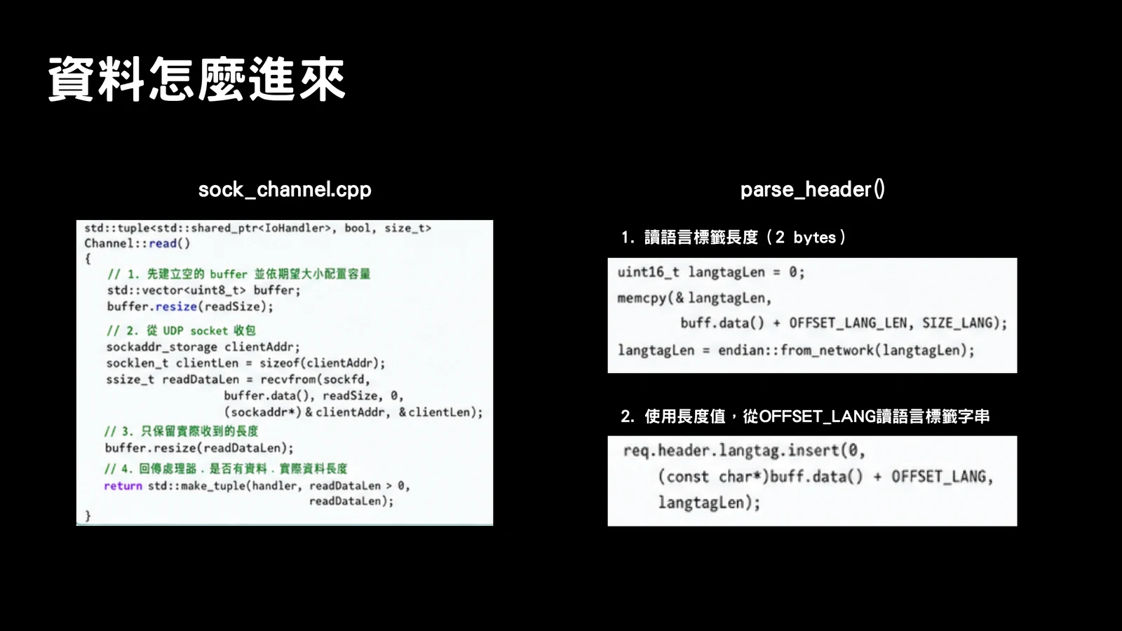 Slide showing sock_channel.cpp and parse_header flow: read language tag length, then use it to copy the language tag from OFFSET_LANG.