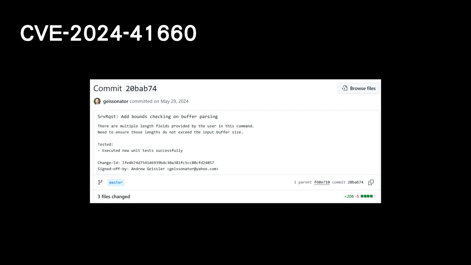 Slide showing the slpd-lite patch commit for adding bounds checking on buffer parsing.
