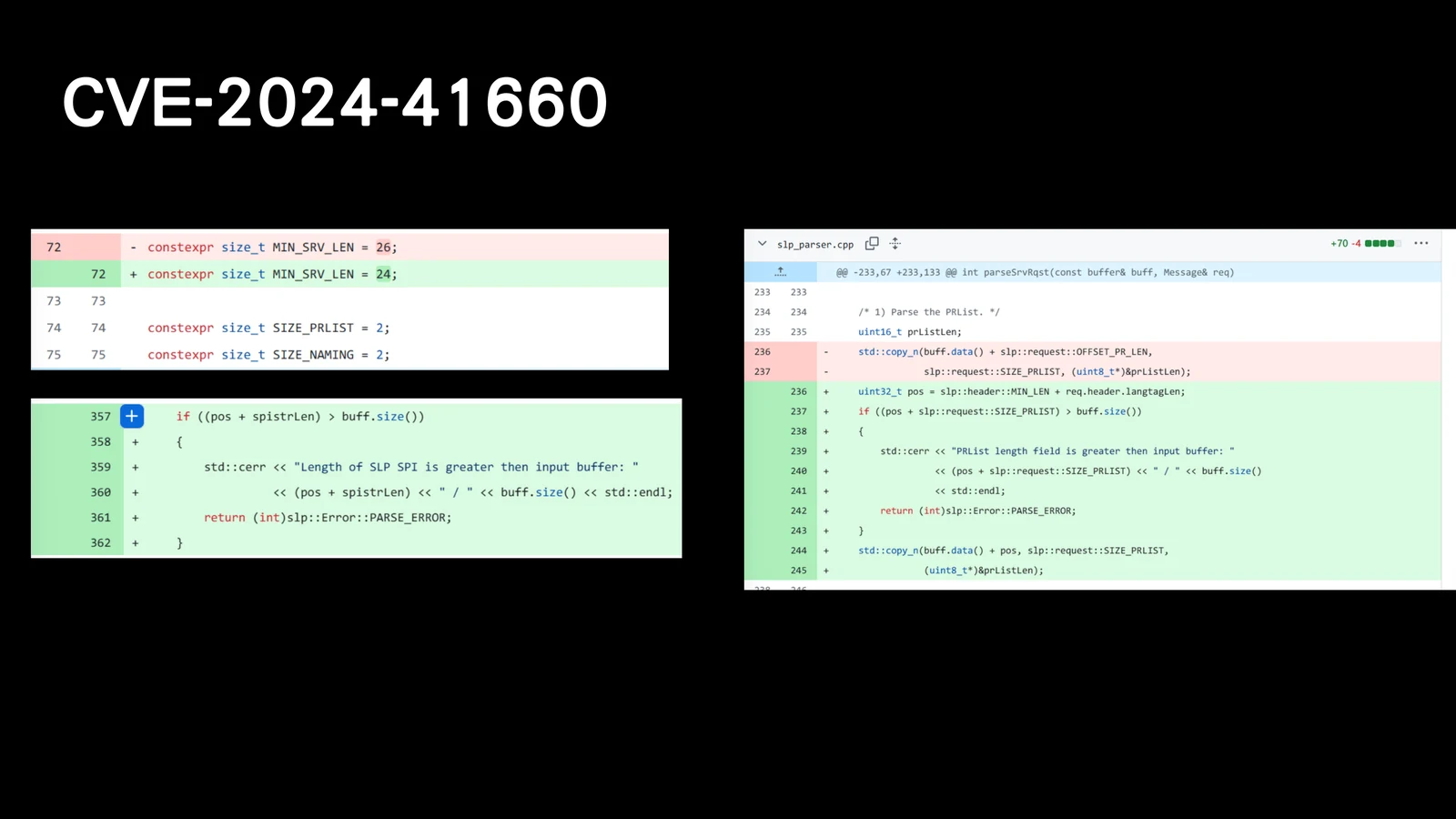 Slide showing slpd-lite patch diff excerpts that add bounds checks before parsing variable-length SLP fields.
