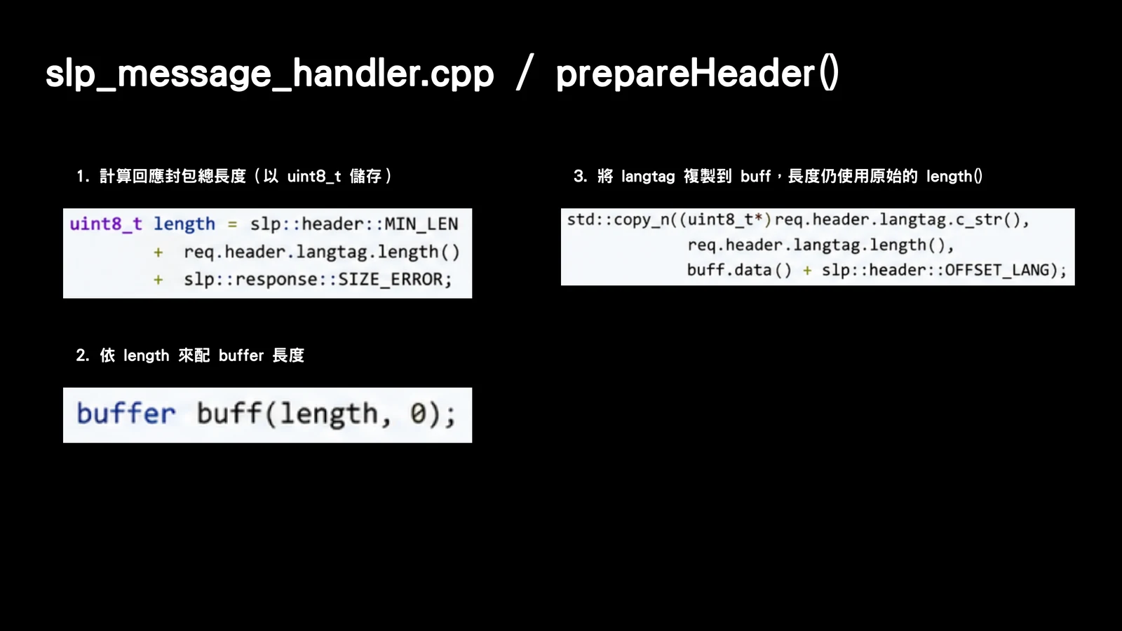Slide showing slp_message_handler.cpp prepareHeader flow: calculate total length as uint8_t, allocate buffer, then copy langtag using the original length.